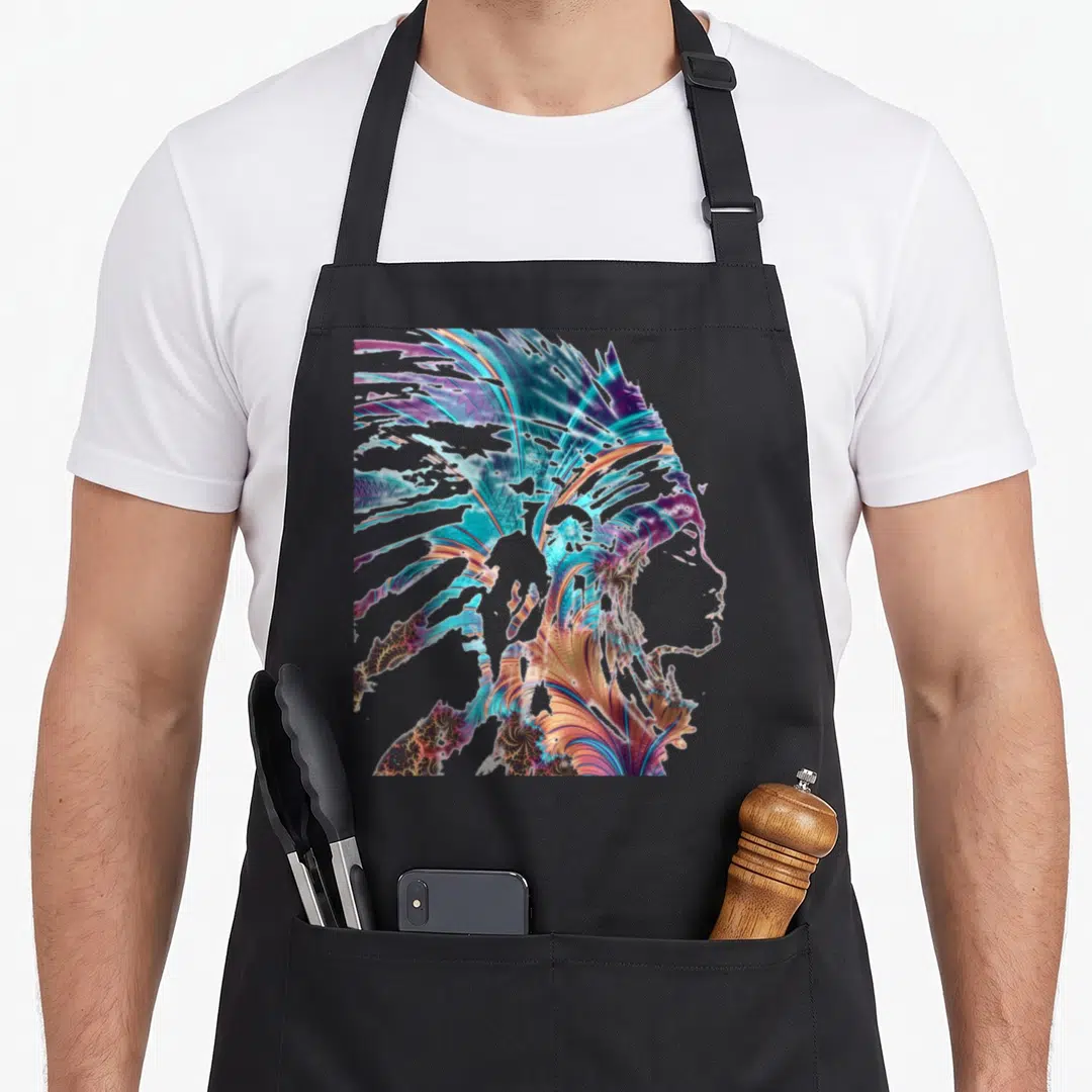 Colourful traditional apron - Fractal digital art profile of a woman with a large feathered headdress in cyan purple — shown on a black cotton canvas apron against a white background