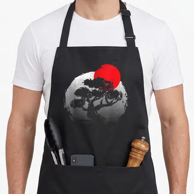 Japanese bonsai apron - Grey bonsai tree silhouette inside white circle with red sun overlay — shown on a black cotton canvas apron against a white background