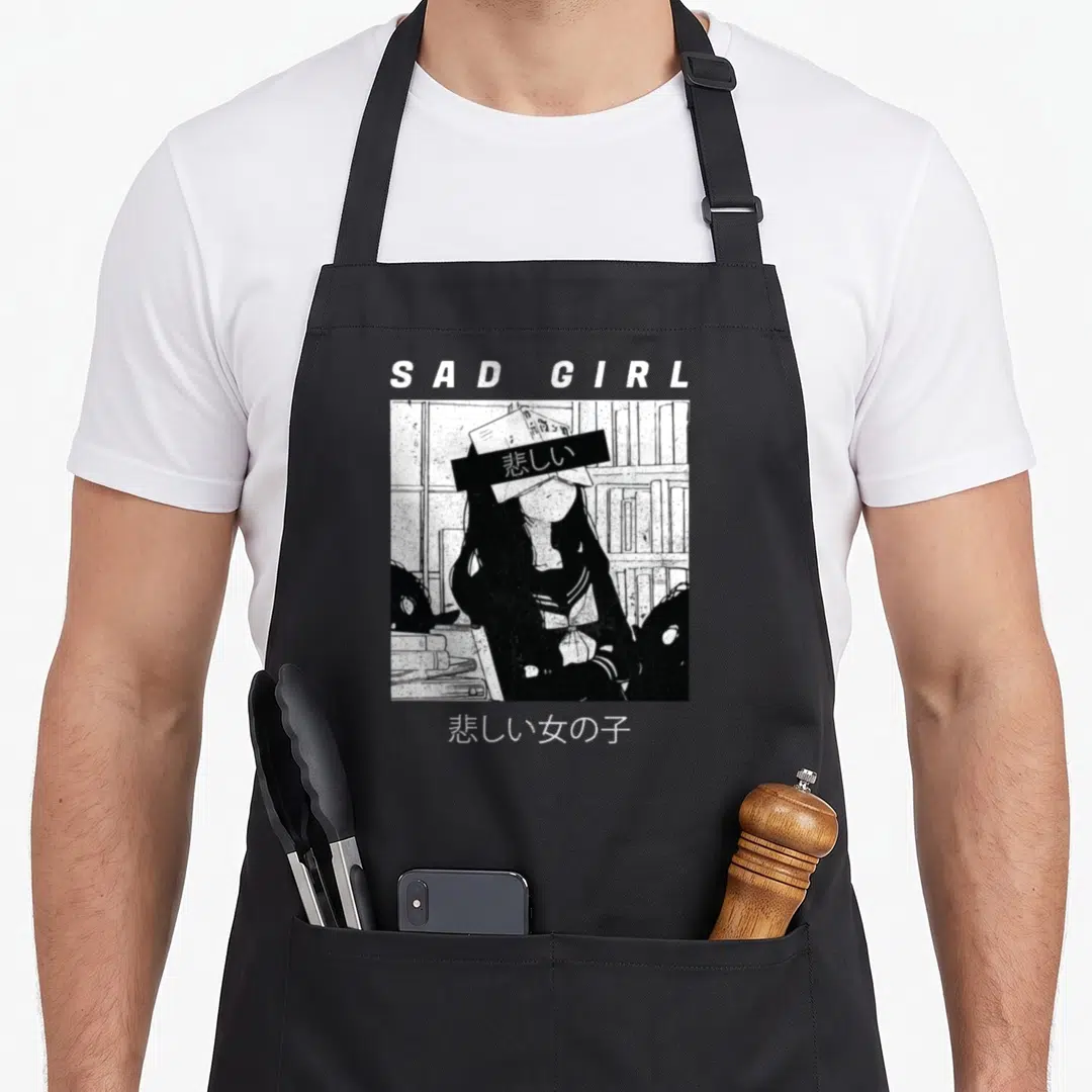 Babe anime apron - SAD GIRL text above girl with book covering eyes in library with Japanese characters — shown on a black cotton canvas apron against a white background