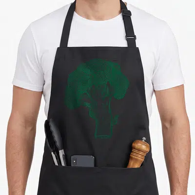 Broccoli vegetable apron - Green vintage line art drawing of a single broccoli floret with leaves — shown on a black cotton canvas apron against a white background