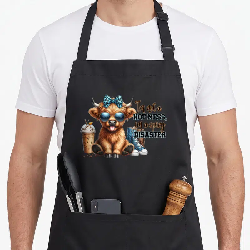 Hot highland cow apron - Cartoon brown highland cow with blue leopard bow, sunglasses, iced drink, shoe, and stacked — shown on a black cotton canvas apron against a white background