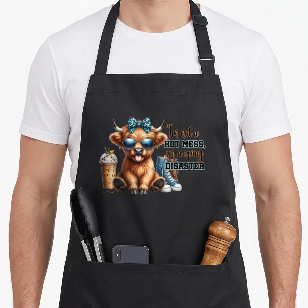Hot highland cow apron - Cartoon brown highland cow with blue leopard bow, sunglasses, iced drink, shoe, and stacked — shown on a black cotton canvas apron against a white background