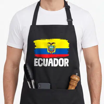 Ecuador flag ecuadorian apron - Brushstroke style Ecuador flag with coat of arms and white ECUADOR text below — shown on a black cotton canvas apron against a white background