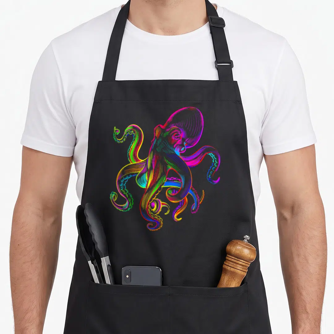 Octopus animal apron - Rainbow line-art octopus with red, orange, yellow, green, blue, and purple tentacles — shown on a black cotton canvas apron against a white background