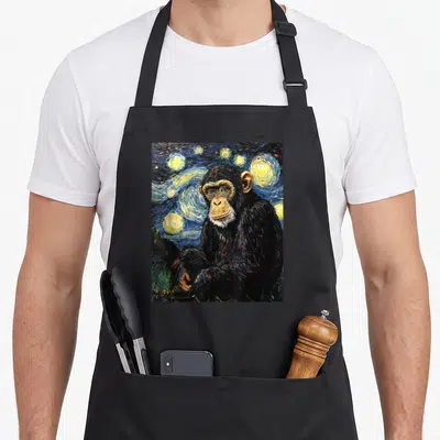 Chimpanzee van gogh apron - Realistic chimpanzee painting against swirling blue yellow starry night background — shown on a black cotton canvas apron against a white background