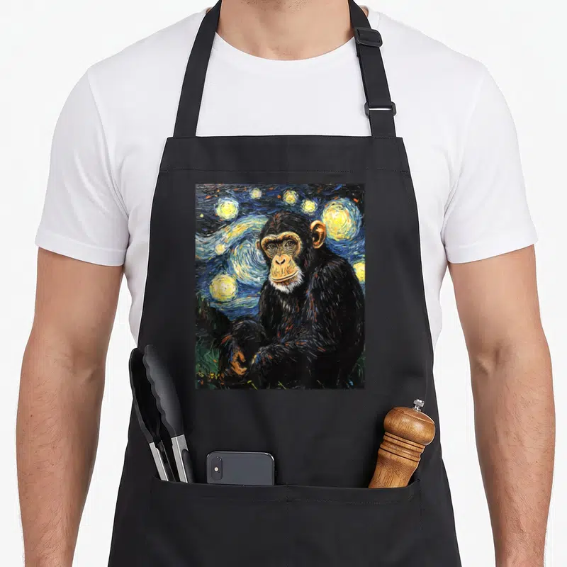 Chimpanzee van gogh apron - Realistic chimpanzee painting against swirling blue yellow starry night background — shown on a black cotton canvas apron against a white background