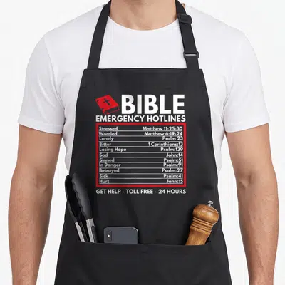 Emergency christian apron - Bible emergency hotlines list with emotions and scripture verses in red box — shown on a black cotton canvas apron against a white background