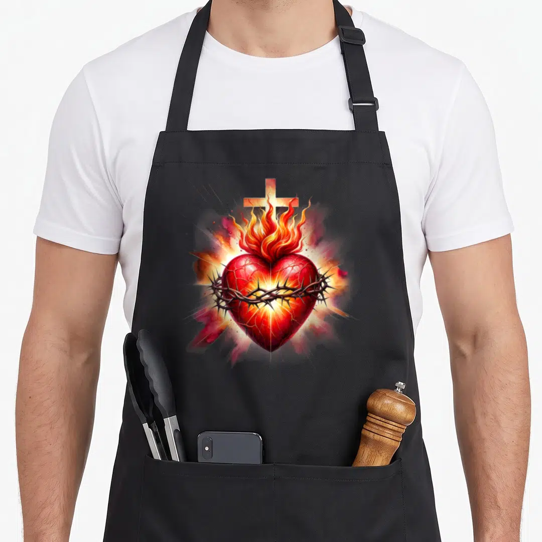 Jesus devotion catholic apron - Flaming red heart wrapped in thorns with a cross above in realistic art style — shown on a black cotton canvas apron against a white background