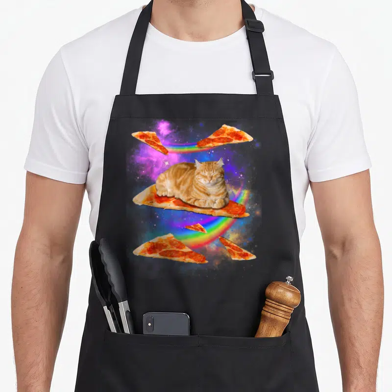Pizza space cat apron - Orange tabby cat sitting on pepperoni pizza slice floating in rainbow nebula with other slices — shown on a black cotton canvas apron against a white background