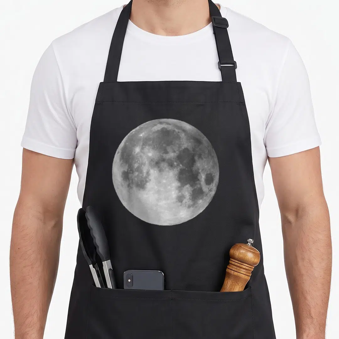 Funny full moon apron - Circular grey and white photo of the full moon centered on a plain background — shown on a black cotton canvas apron against a white background
