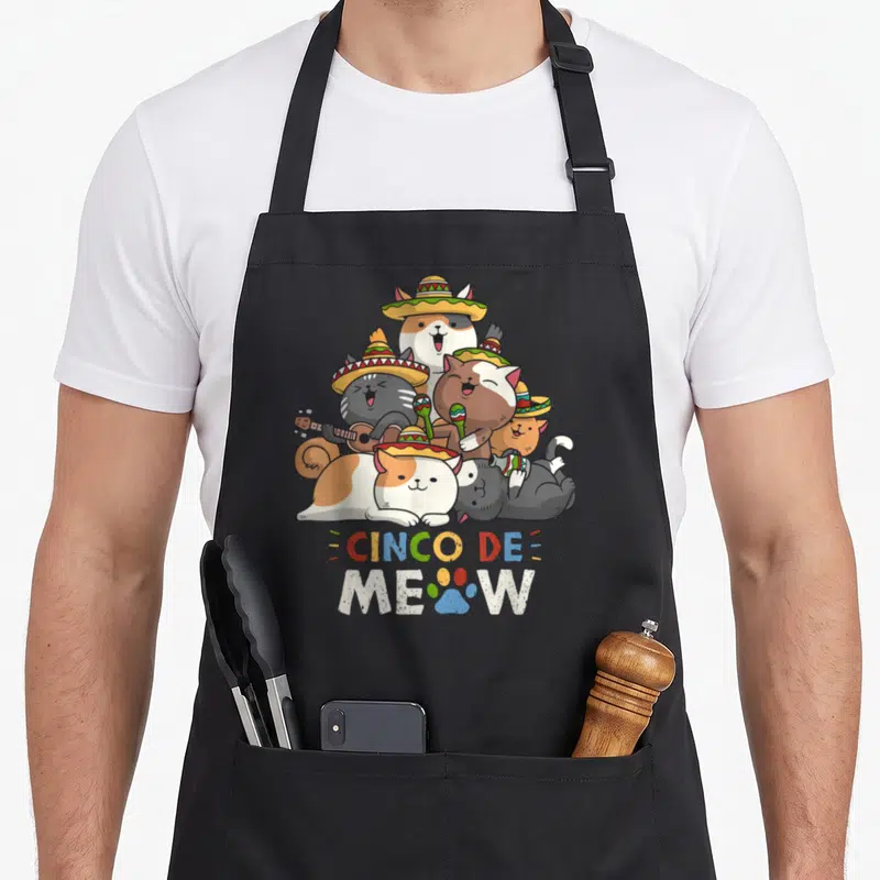 Cinco cat apron - Five cartoon cats in sombreros playing instruments above CINCO DE MEOW text — shown on a black cotton canvas apron against a white background