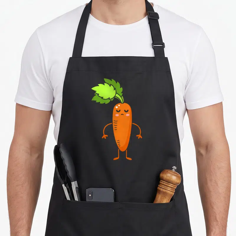 Themed vegetable apron - Cartoon orange carrot with green leaves and simple face standing upright — shown on a black cotton canvas apron against a white background