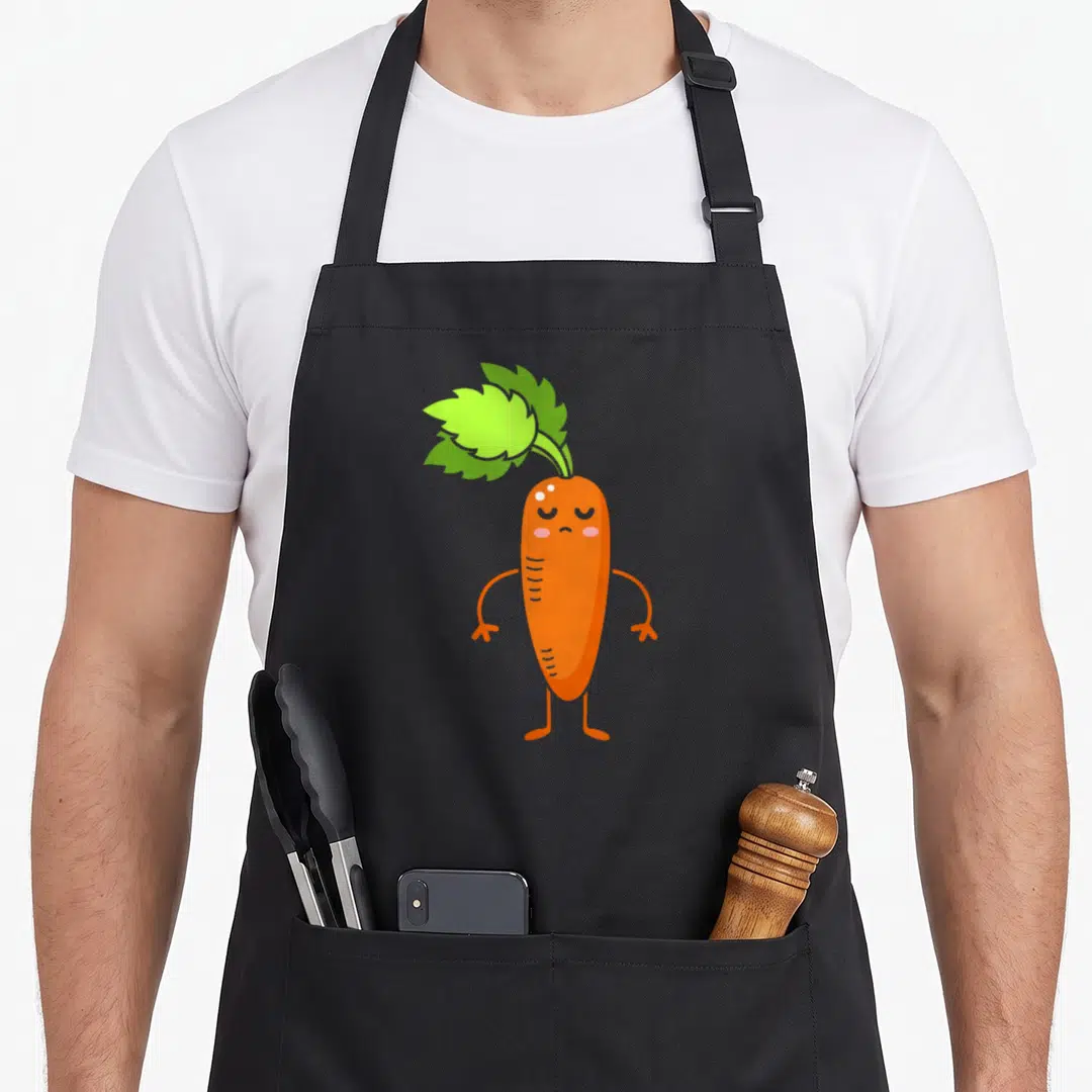 Themed vegetable apron - Cartoon orange carrot with green leaves and simple face standing upright — shown on a black cotton canvas apron against a white background
