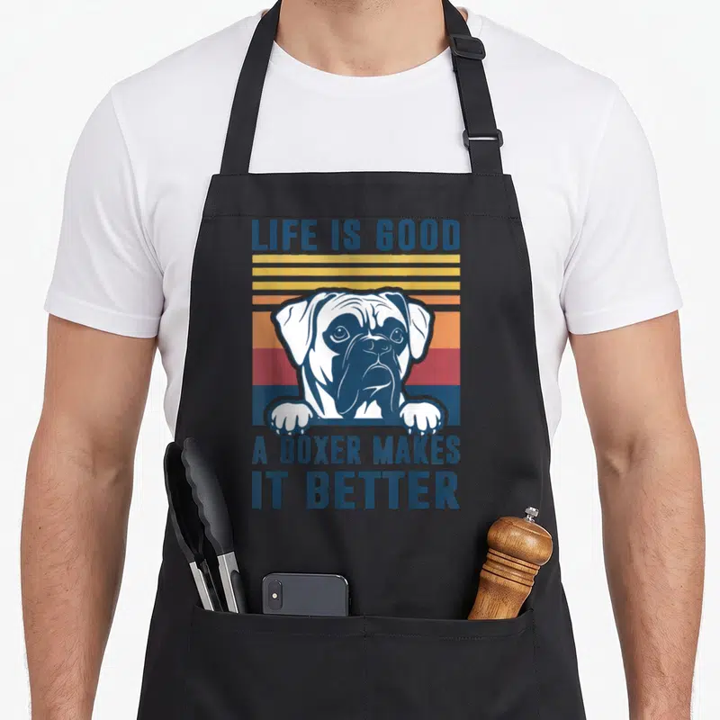 Vintage boxer dog apron - Retro striped boxer dog head and paws with LIFE IS GOOD text in blue lettering — shown on a black cotton canvas apron against a white background