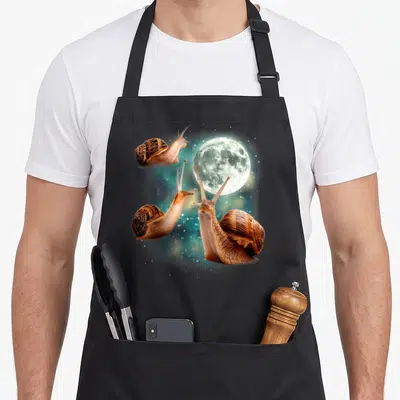Three weird aprons - Three brown snails floating in blue space around a white moon — shown on a black cotton canvas apron against a white background