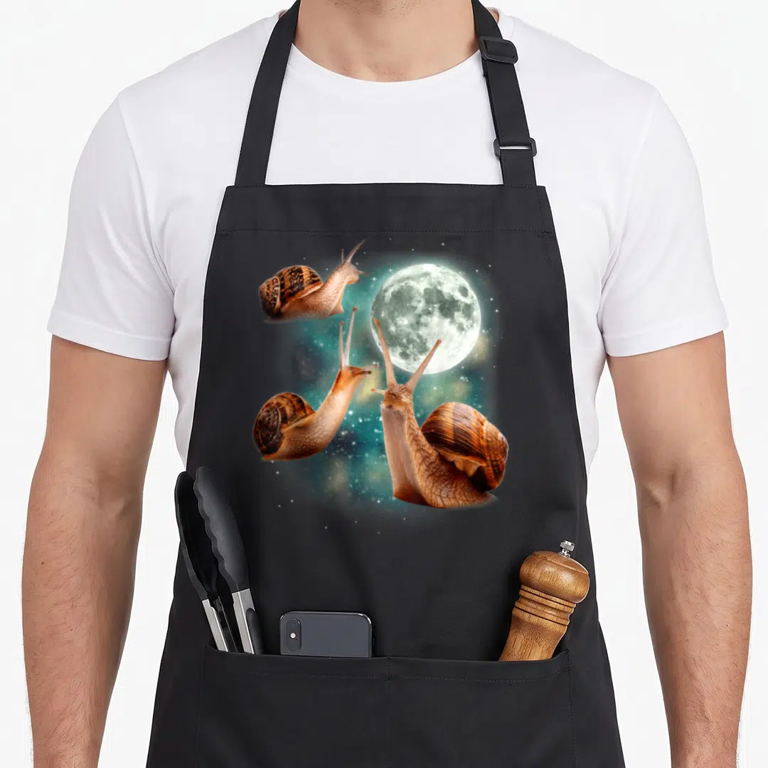 Three weird aprons - Three brown snails floating in blue space around a white moon — shown on a black cotton canvas apron against a white background