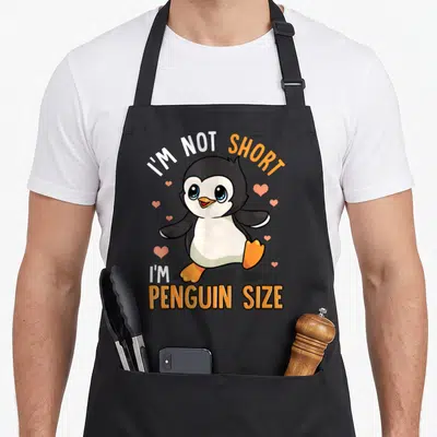 Zoo penguin aprons - Cartoon penguin with text I'm Not Short I'm Penguin Size and pink hearts — shown on a black cotton canvas apron against a white background