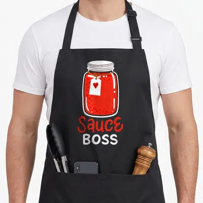 Tomato italian apron - Cartoon red sauce jar with heart tag and stacked Sauce BOSS text — shown on a black cotton canvas apron against a white background