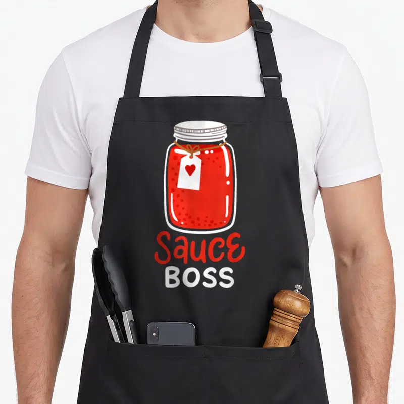 Tomato italian apron - Cartoon red sauce jar with heart tag and stacked Sauce BOSS text — shown on a black cotton canvas apron against a white background