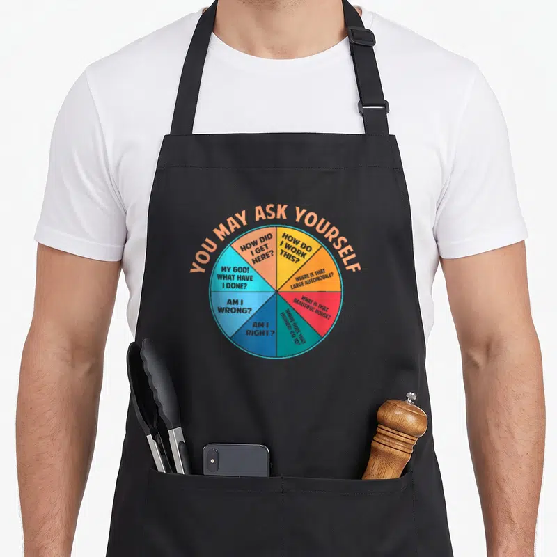 Ask pie apron - Pie chart with YOU MAY ASK YOURSELF text and questions in orange yellow red blue white slices — shown on a black cotton canvas apron against a white background