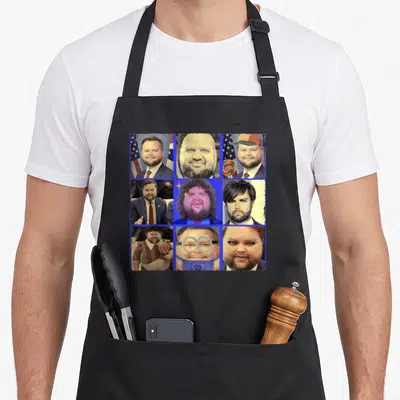 Vance face meme apron - 3x3 grid of man in various costumes with blue, white, red, and beige edits — shown on a black cotton canvas apron against a white background