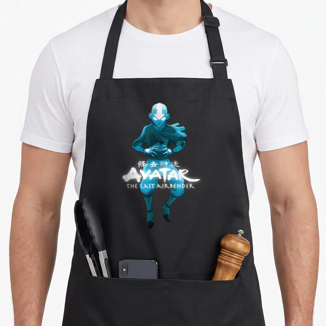 Blue lover monochromatic apron - Aang character in blue with AVATAR text and Chinese characters over legs — shown on a black cotton canvas apron against a white background