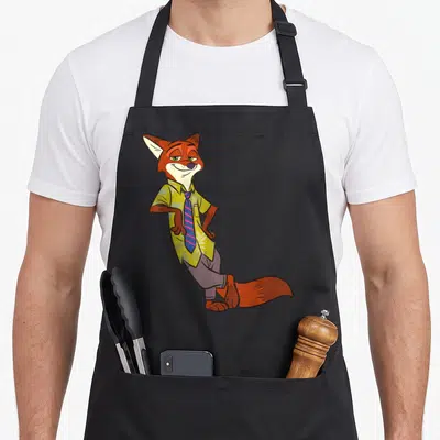 Nick fox aprons - Cartoon fox in yellow floral shirt, striped tie, and purple pants leaning forward — shown on a black cotton canvas apron against a white background