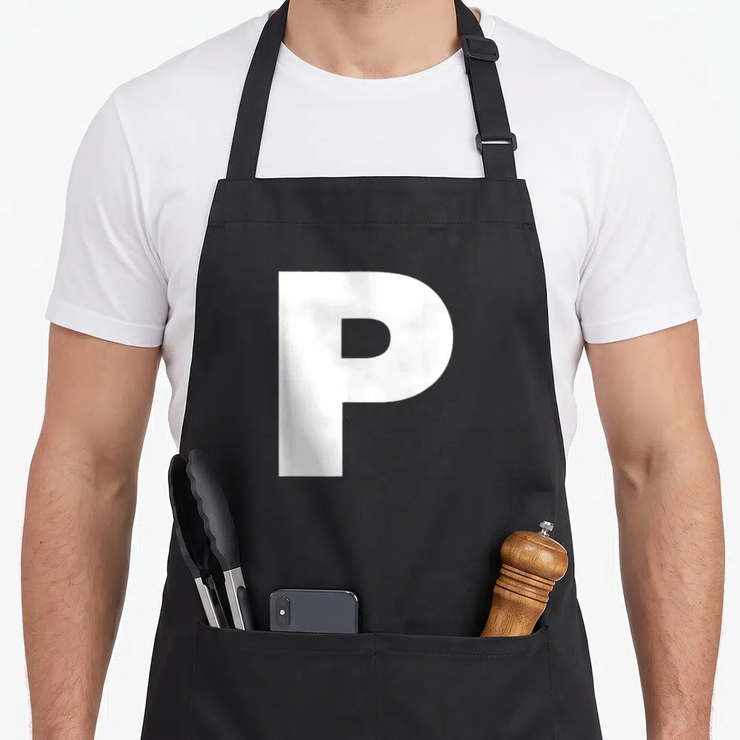 Alphabet monogram aprons - Bold white capital letter P centered on dark background — shown on a black cotton canvas apron against a white background