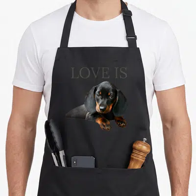 Dachshund doxie dog apron - LOVE IS text above a black and tan dachshund puppy photo on grey background — shown on a black cotton canvas apron against a white background