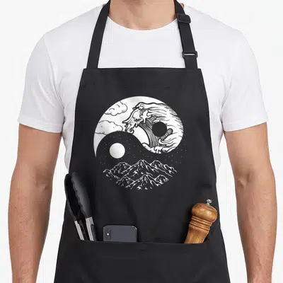 Quigong qigong apron - White line art yin yang circle with waves clouds and mountains — shown on a black cotton canvas apron against a white background