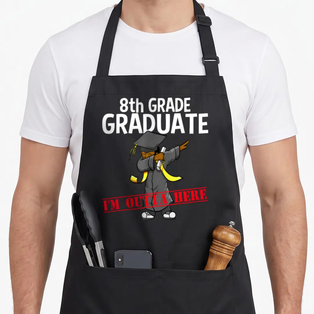 8th grade dabbing apron - Cartoon graduate dabbing with 8th Grade Graduate and I'm Outta Here text — shown on a black cotton canvas apron against a white background
