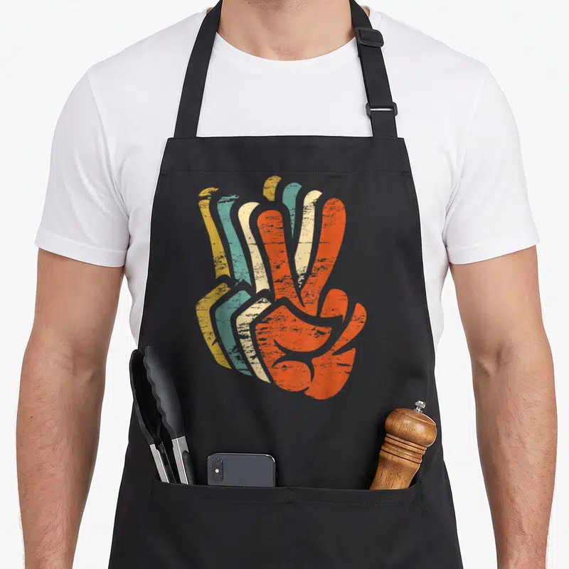Sign 60s apron - Retro hand peace sign in overlapping orange, yellow, and teal silhouettes with distressed texture — shown on a black cotton canvas apron against a white background