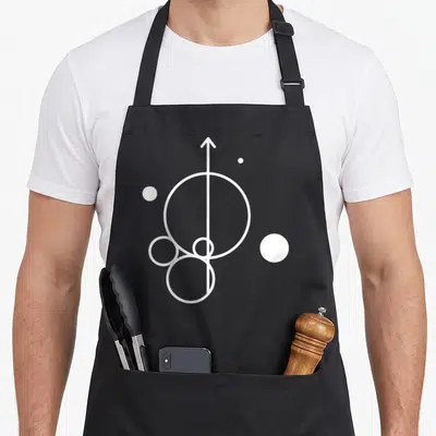 Physic astrophysicist apron - White geometric design with vertical arrow bisecting overlapping circles and scattered — shown on a black cotton canvas apron against a white background