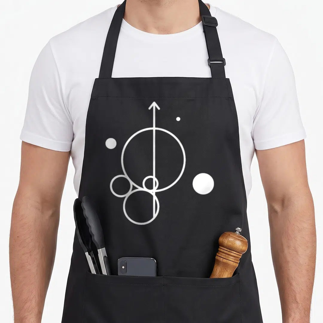 Physic astrophysicist apron - White geometric design with vertical arrow bisecting overlapping circles and scattered — shown on a black cotton canvas apron against a white background