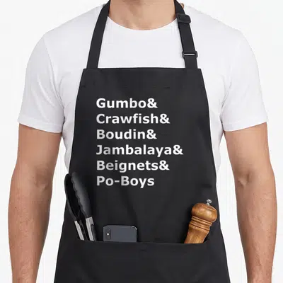 Gumbo louisiana apron - White stacked text listing Gumbo Crawfish Boudin Jambalaya Beignets Po-Boys — shown on a black cotton canvas apron against a white background