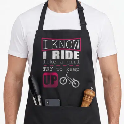 Ride bmx girl apron - Stacked white text I Know I Ride Like A Girl Try To Keep Up with pink accents and bicycle outline — shown on a black cotton canvas apron against a white background