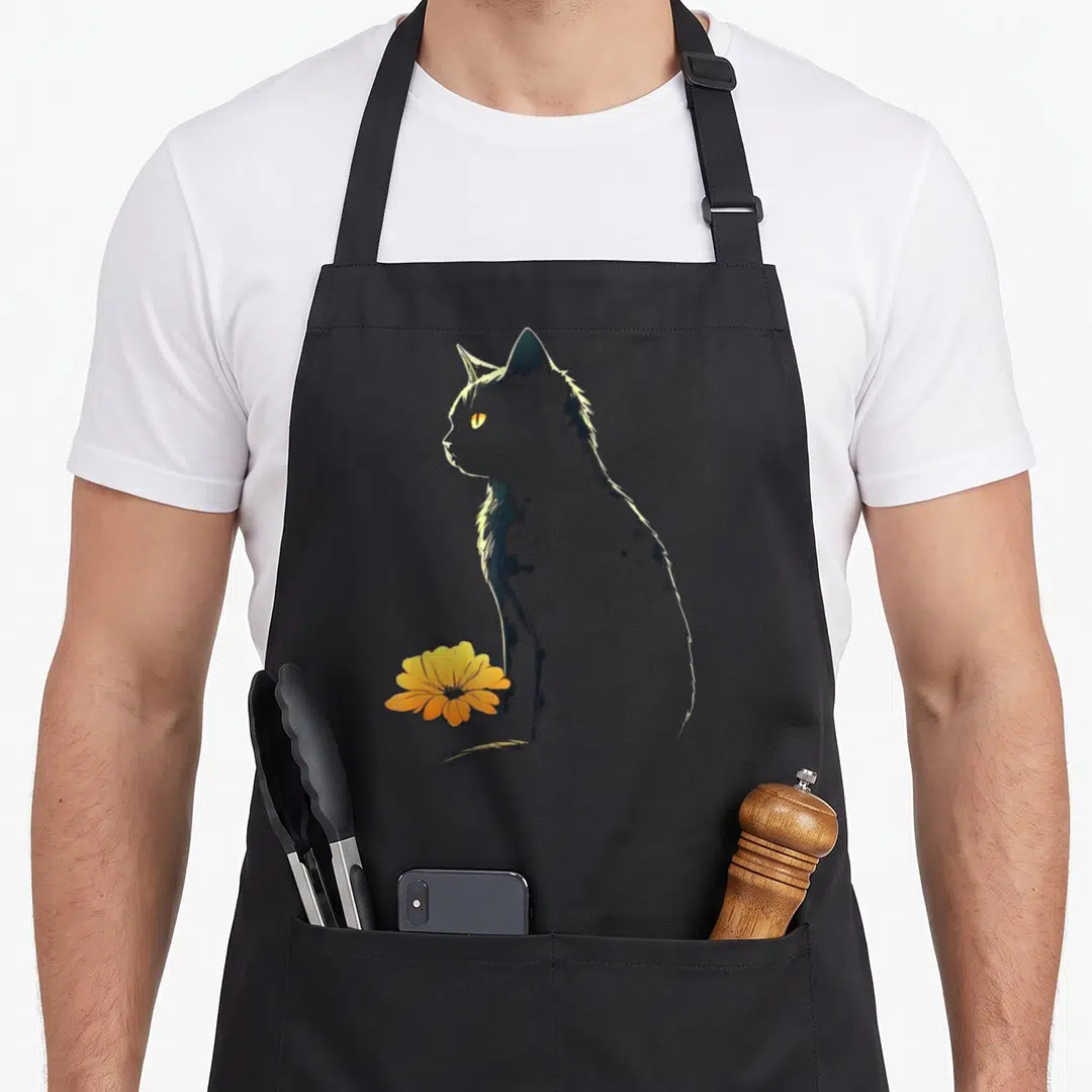 Flower cat apron - Grey cat sitting facing left beside a yellow and orange flower on black background — shown on a black cotton canvas apron against a white background