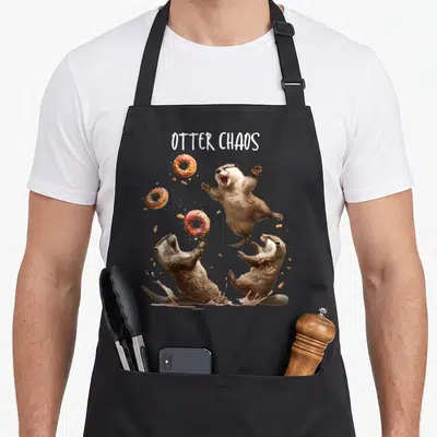 Chao animal apron - Three brown otters jumping for donuts under white OTTER CHAOS text — shown on a black cotton canvas apron against a white background