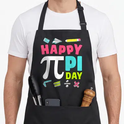 Professor teacher apron - HAPPY PI DAY text with calculator, plane, pencil, and math symbols in pink cyan and lime — shown on a black cotton canvas apron against a white background
