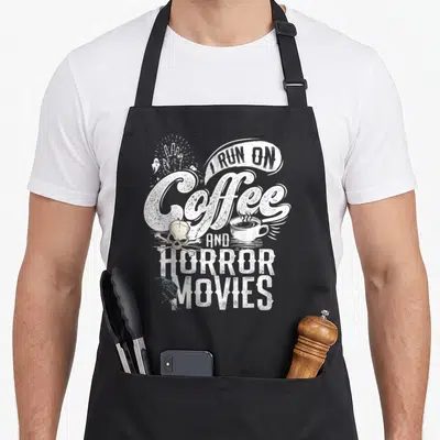 Horror coffee apron - I Run on Coffee and Horror Movies text with skull, cup, and ghost in white and beige — shown on a black cotton canvas apron against a white background