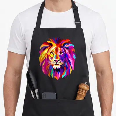 Bright lion apron - Multicolored cartoon lion head in red, blue, yellow, purple, and orange pop art style — shown on a black cotton canvas apron against a white background