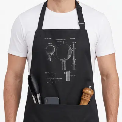 Pong paddle table apron - White patent drawing of table tennis bat with five figures and dates — shown on a black cotton canvas apron against a white background
