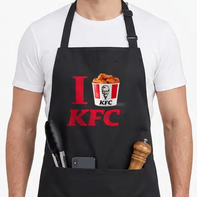 Bucket chicken apron - Red I and KFC letters flanking a photo of a fried chicken bucket — shown on a black cotton canvas apron against a white background
