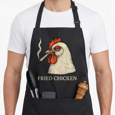 Joint chicken apron - Cartoon chicken head with cigarette and FRIED CHICKEN text in white red off-white — shown on a black cotton canvas apron against a white background