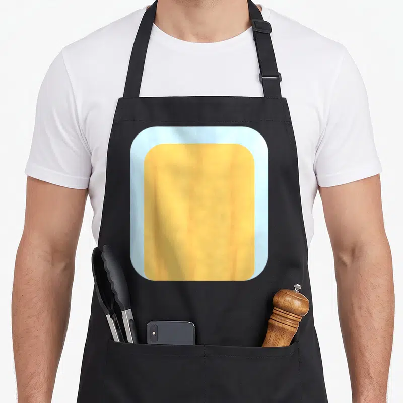 Costume dog apron - Minimalist yellow and light blue block design for Blue Heeler dad costume — shown on a black cotton canvas apron against a white background