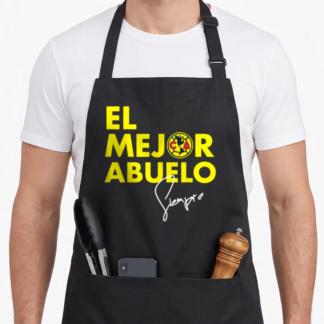 Our collection apron - Yellow text El Mejor Abuelo Siempre with soccer ball crest replacing letter O — shown on a black cotton canvas apron against a white background