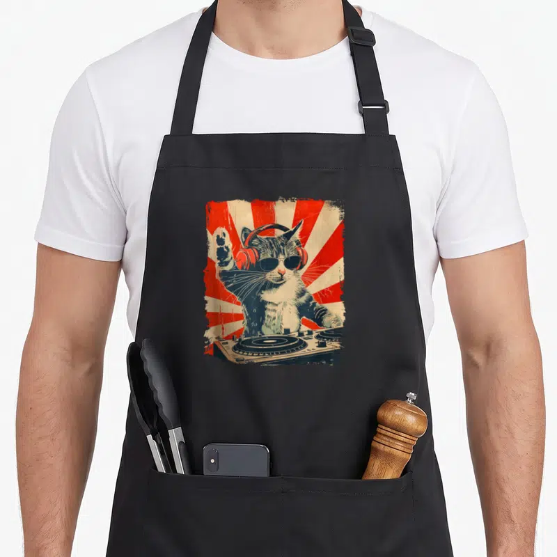 Cat sound of music apron - DJ cat wearing sunglasses and headphones behind color graph turntables — shown on a black cotton canvas apron against a white background