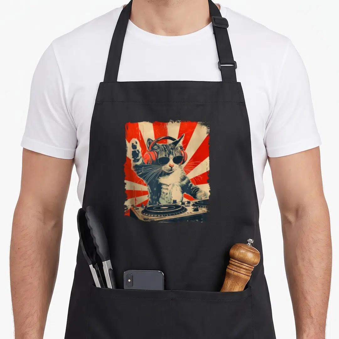 Cat sound of music apron - DJ cat wearing sunglasses and headphones behind color graph turntables — shown on a black cotton canvas apron against a white background