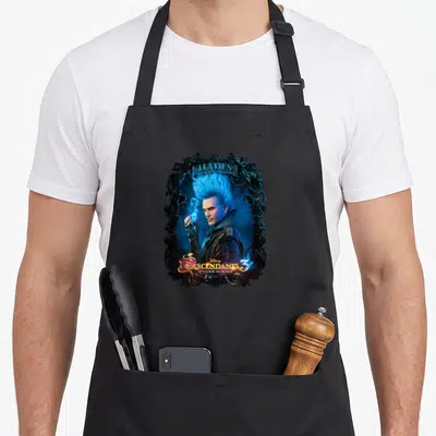 Channel descendant novelty apron - Hades portrait in ornate black frame with blue hair and Descendants 3 logo text — shown on a black cotton canvas apron against a white background