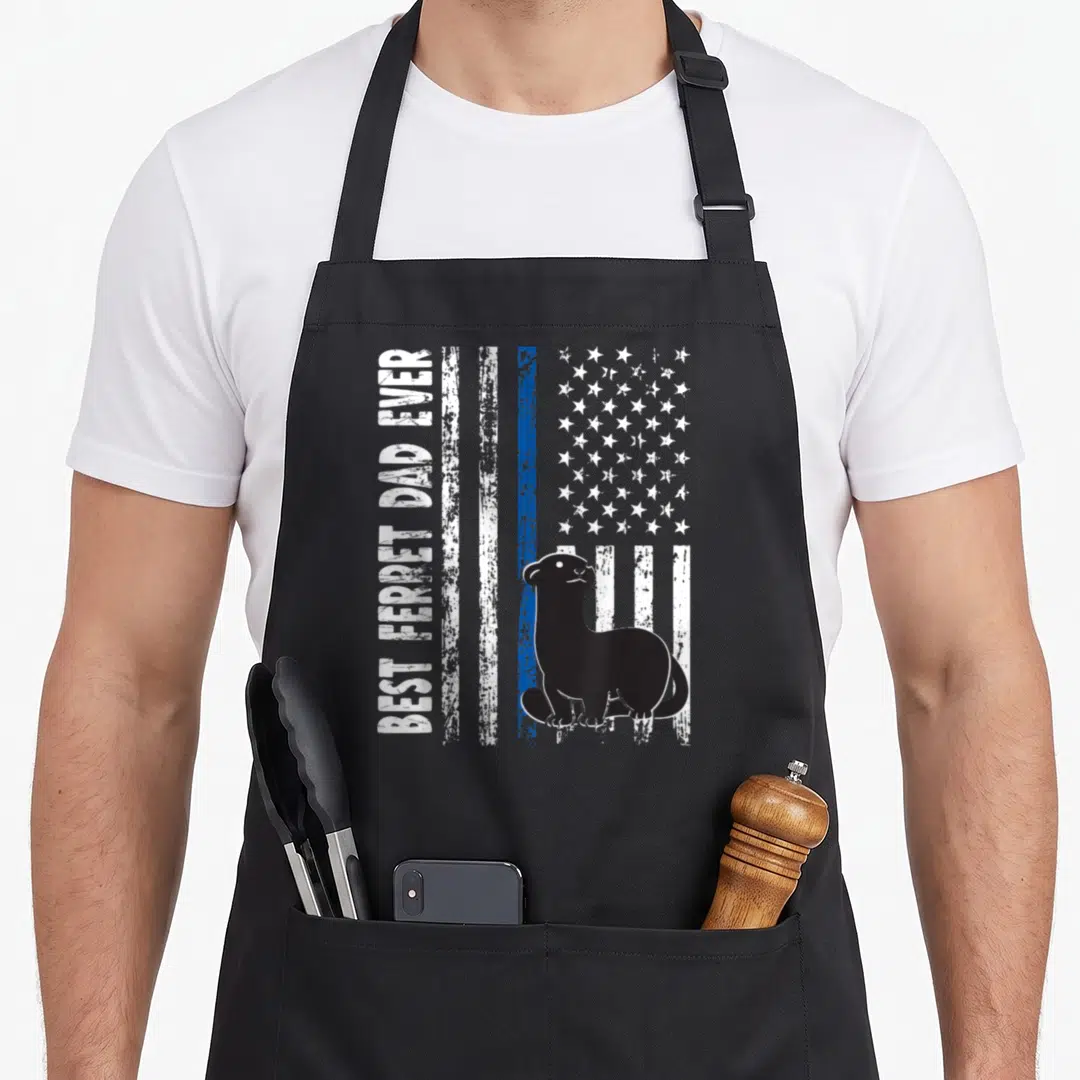 Ferret father apron - Vertical best ferret dad ever text beside black ferret on distressed white blue and black stripes — shown on a black cotton canvas apron against a white background